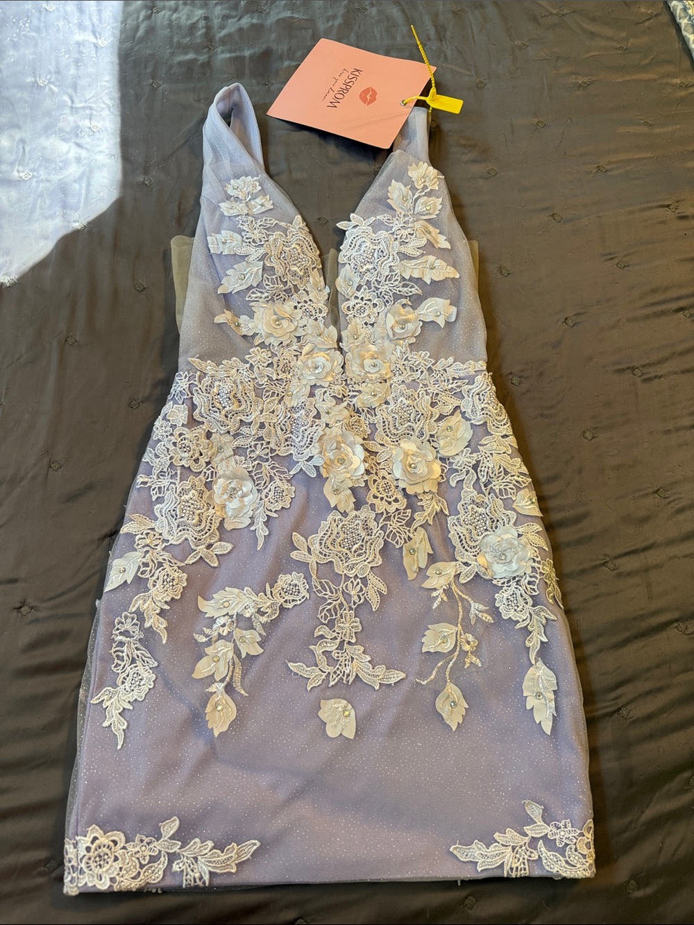 Lavender V-Neck Floral Appliqué Prom Dress by Madison James
